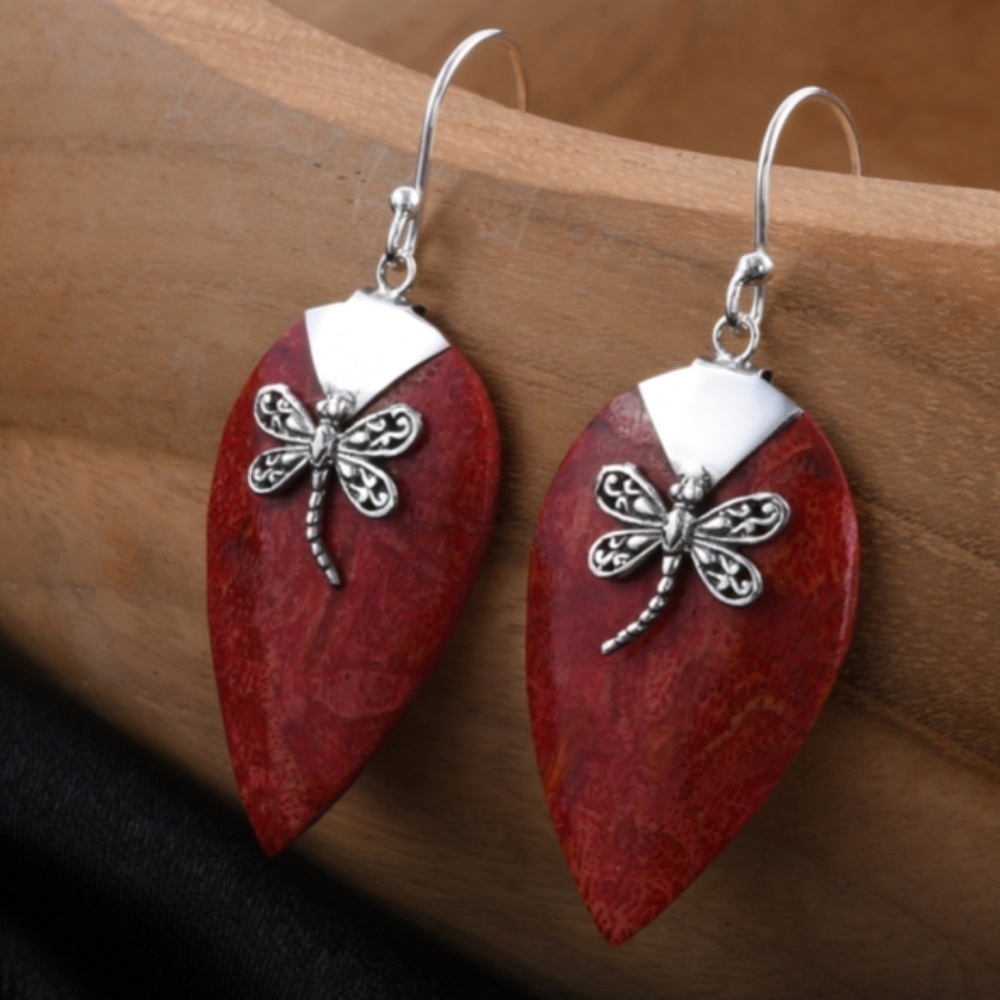 Red Coral Sponge Teardrop Shaped with Dragonfly Earrings in Sterling Silver